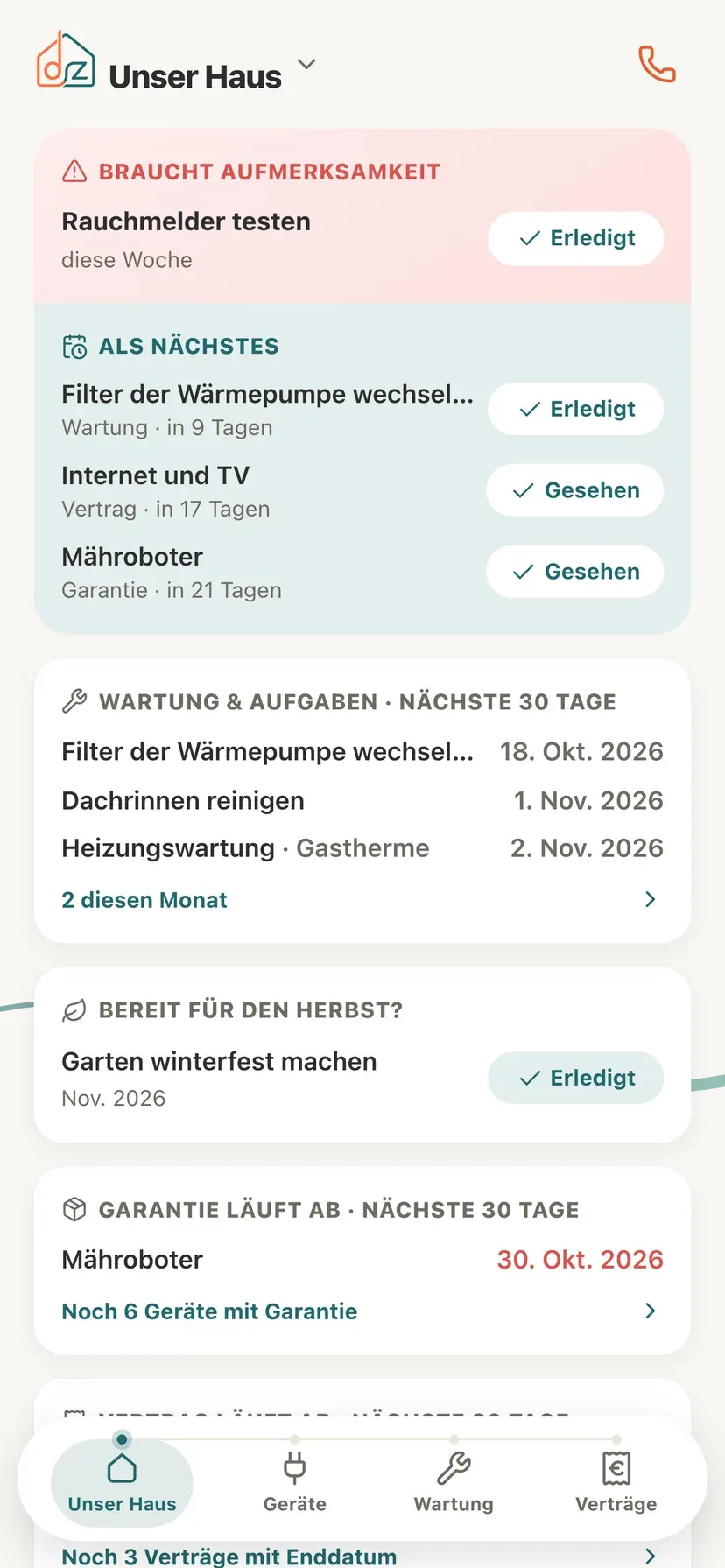 Der Startbildschirm von Domeaz: was diese Woche Aufmerksamkeit braucht, die nächste Wartung und die Garantie, die bald abläuft