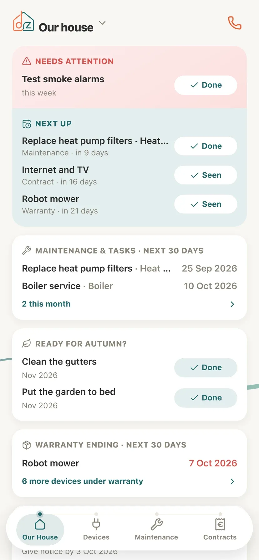 The Domeaz home screen: what needs attention this week, the next maintenance job and the warranty that is about to expire