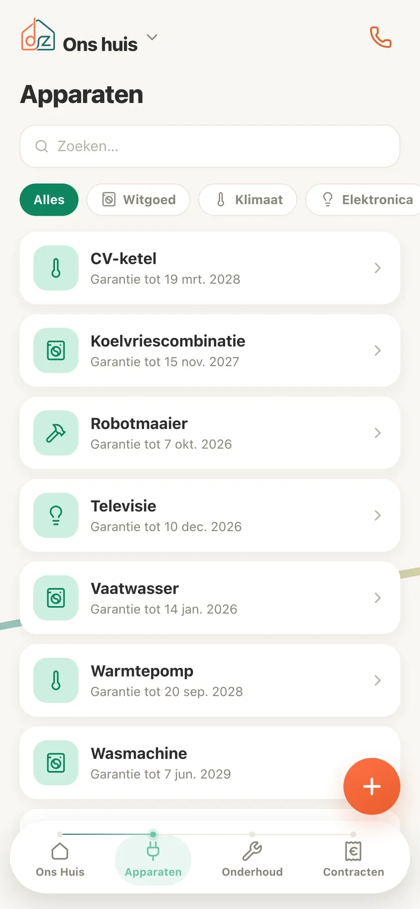 De lijst met apparaten in Domeaz, elk met de datum tot wanneer de garantie loopt