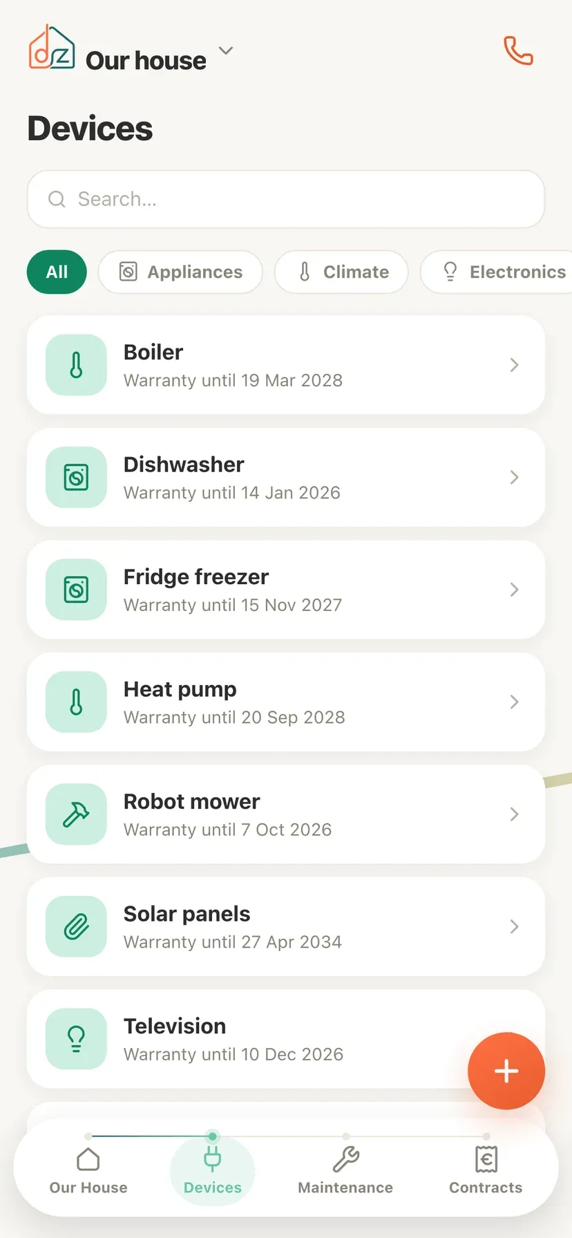 The list of appliances in Domeaz, each with the date its warranty runs until
