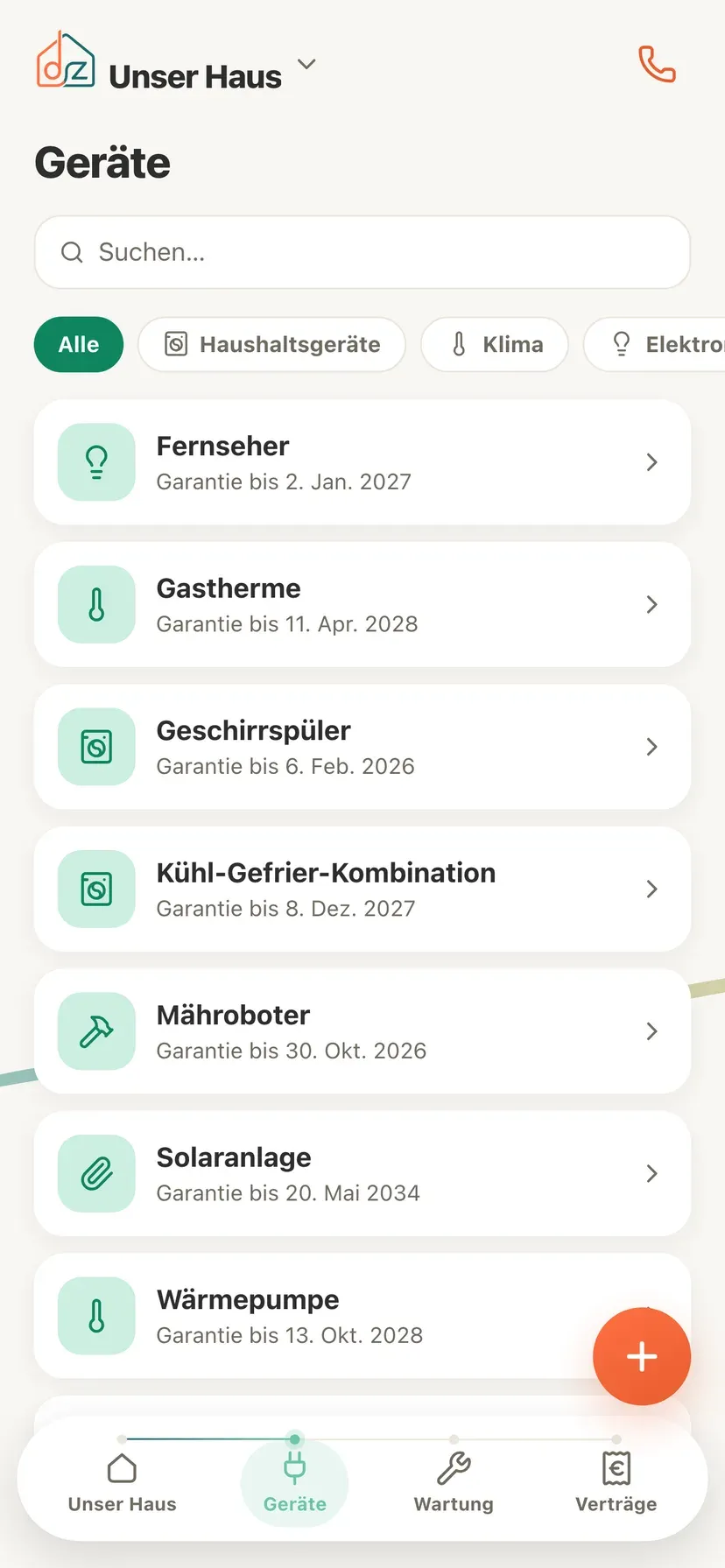 Die Liste der Geräte in Domeaz, jedes mit dem Datum, bis zu dem die Garantie läuft