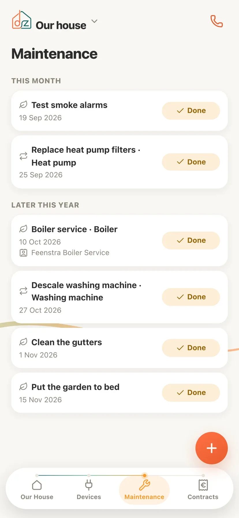 The maintenance overview in Domeaz with the jobs for this month and later this year
