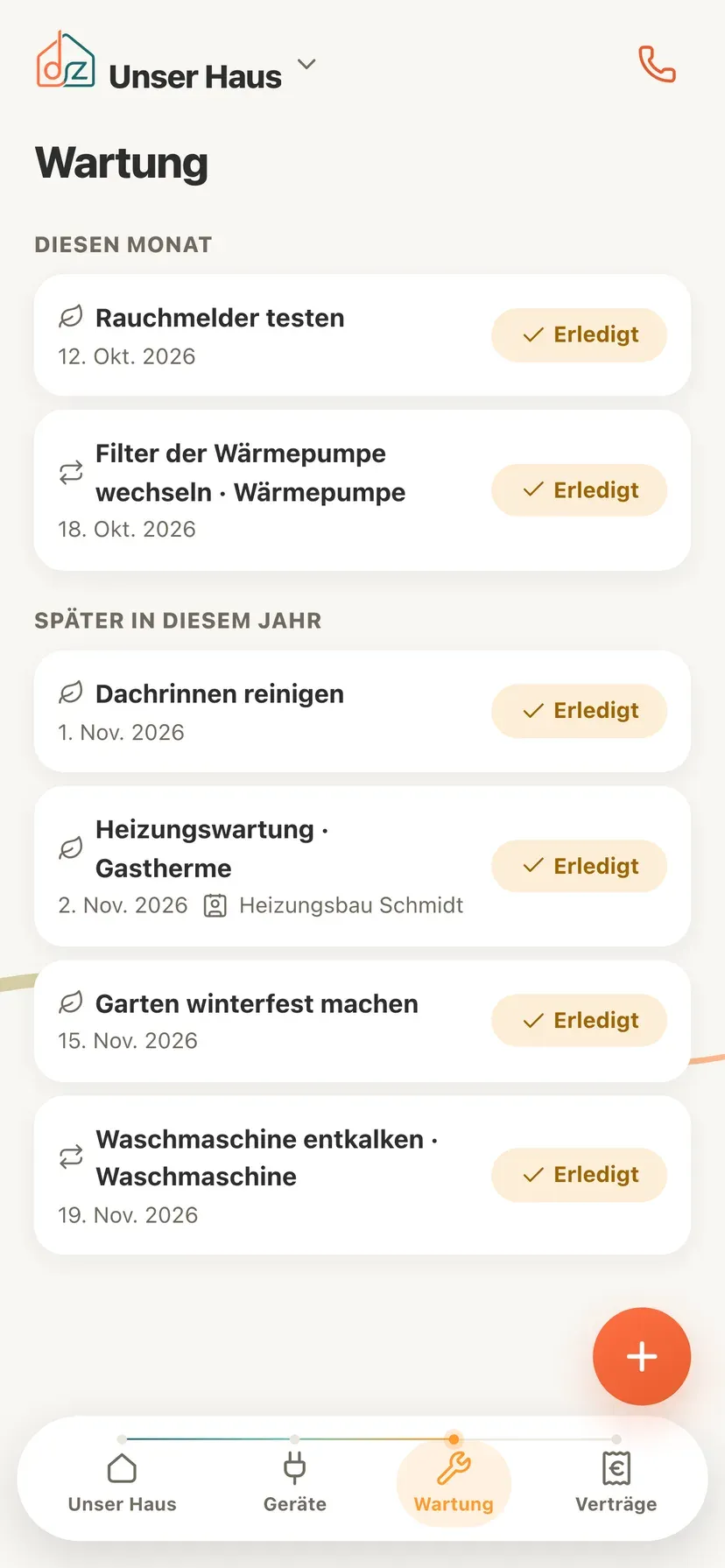 Die Wartungsübersicht in Domeaz mit den Aufgaben dieses Monats und später in diesem Jahr