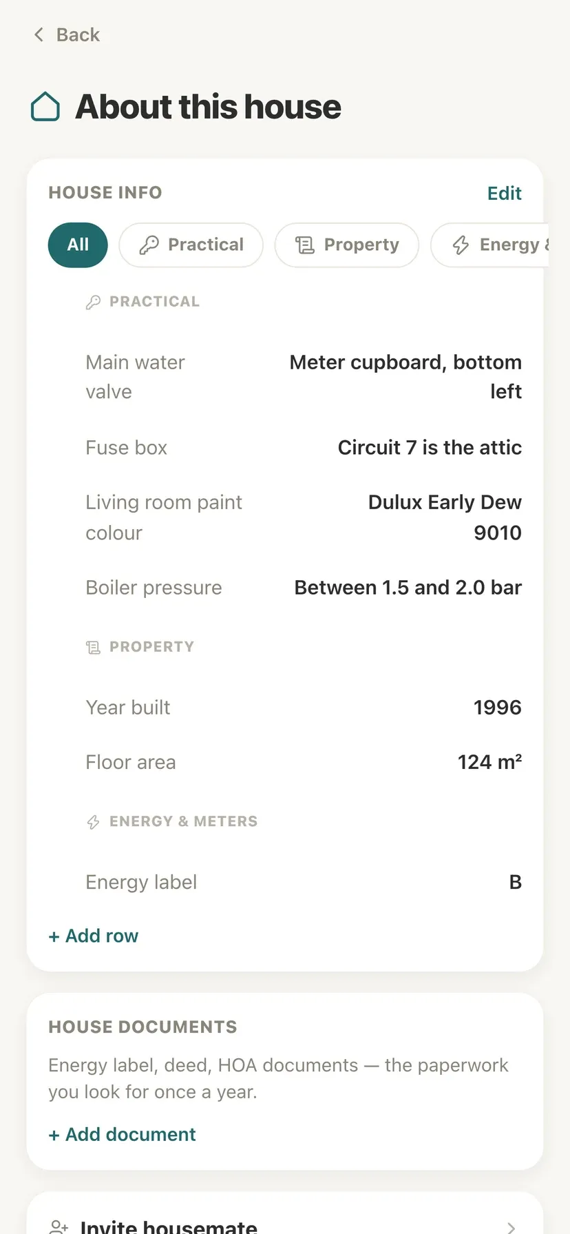 Home information in Domeaz: where the main water valve is, the fuse box and the wall paint colour