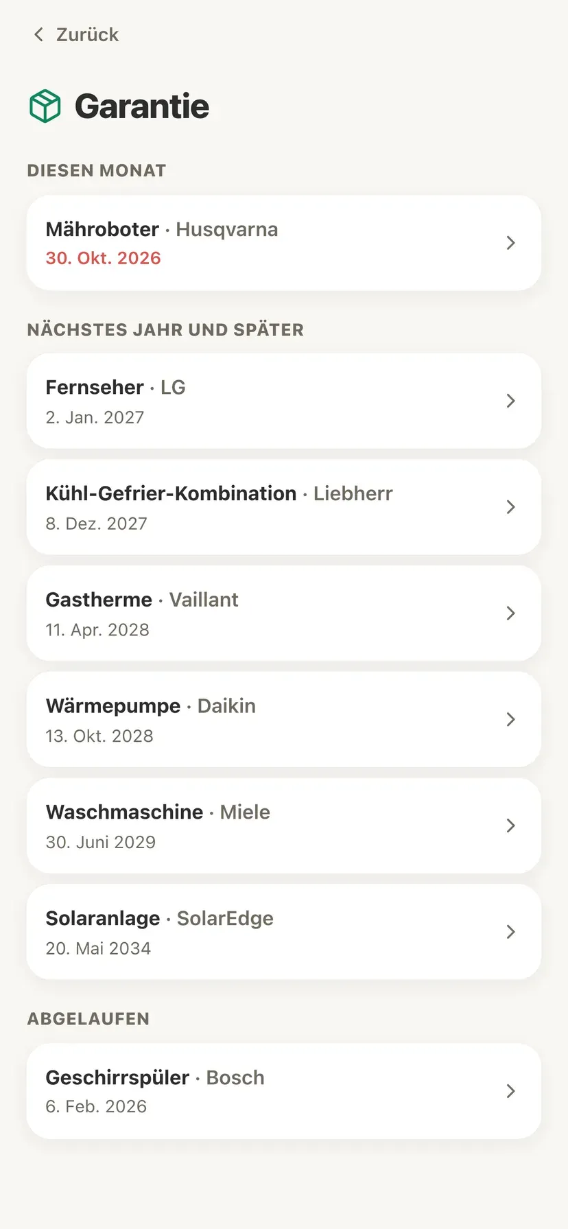 Die Garantieübersicht in Domeaz, sortiert nach dem Datum, an dem die Garantie abläuft
