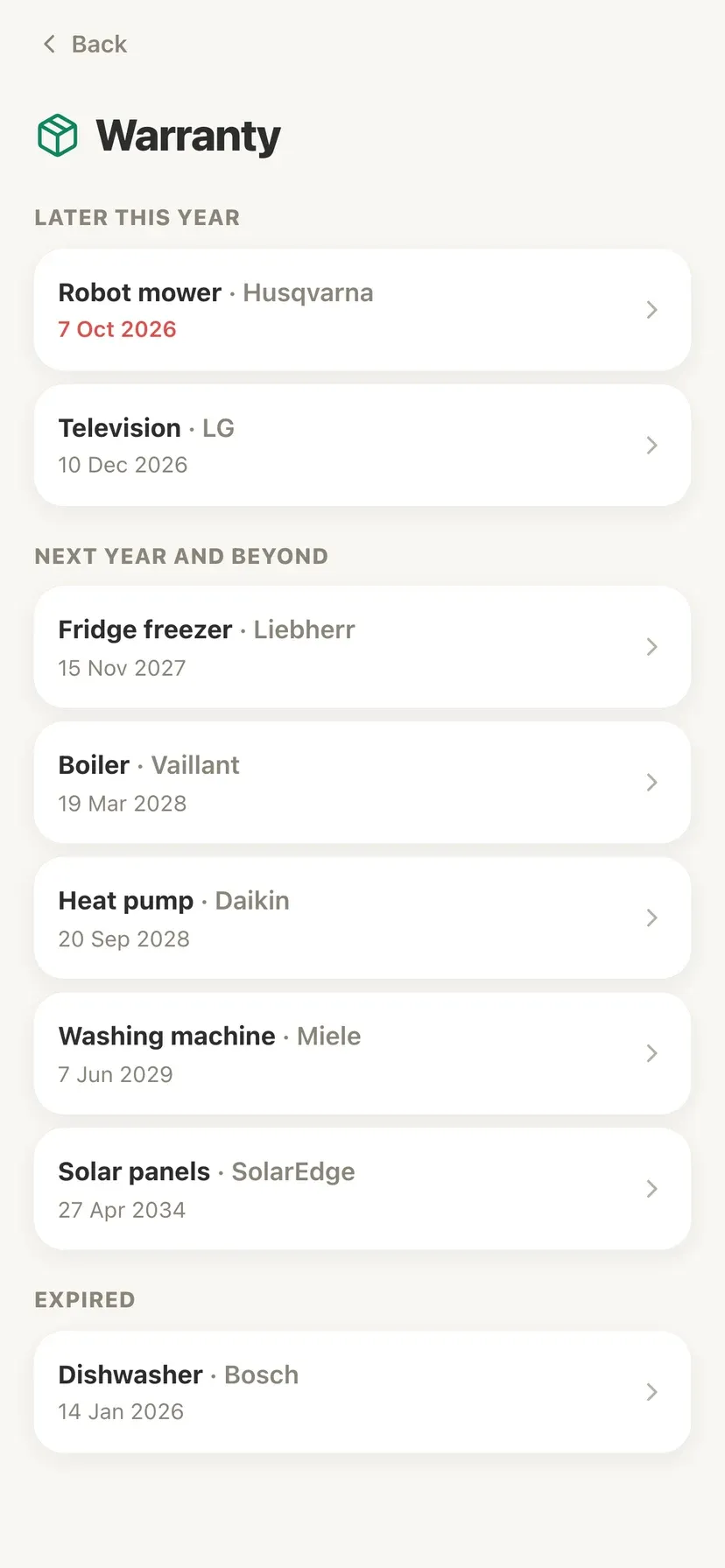 The warranty overview in Domeaz, sorted by the date each warranty expires