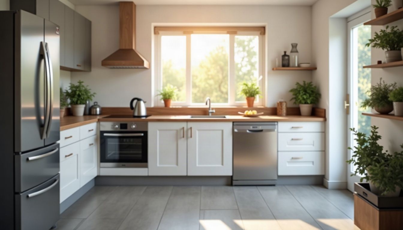 Een keuken met een koelkast, een vaatwasser en een oven naast elkaar